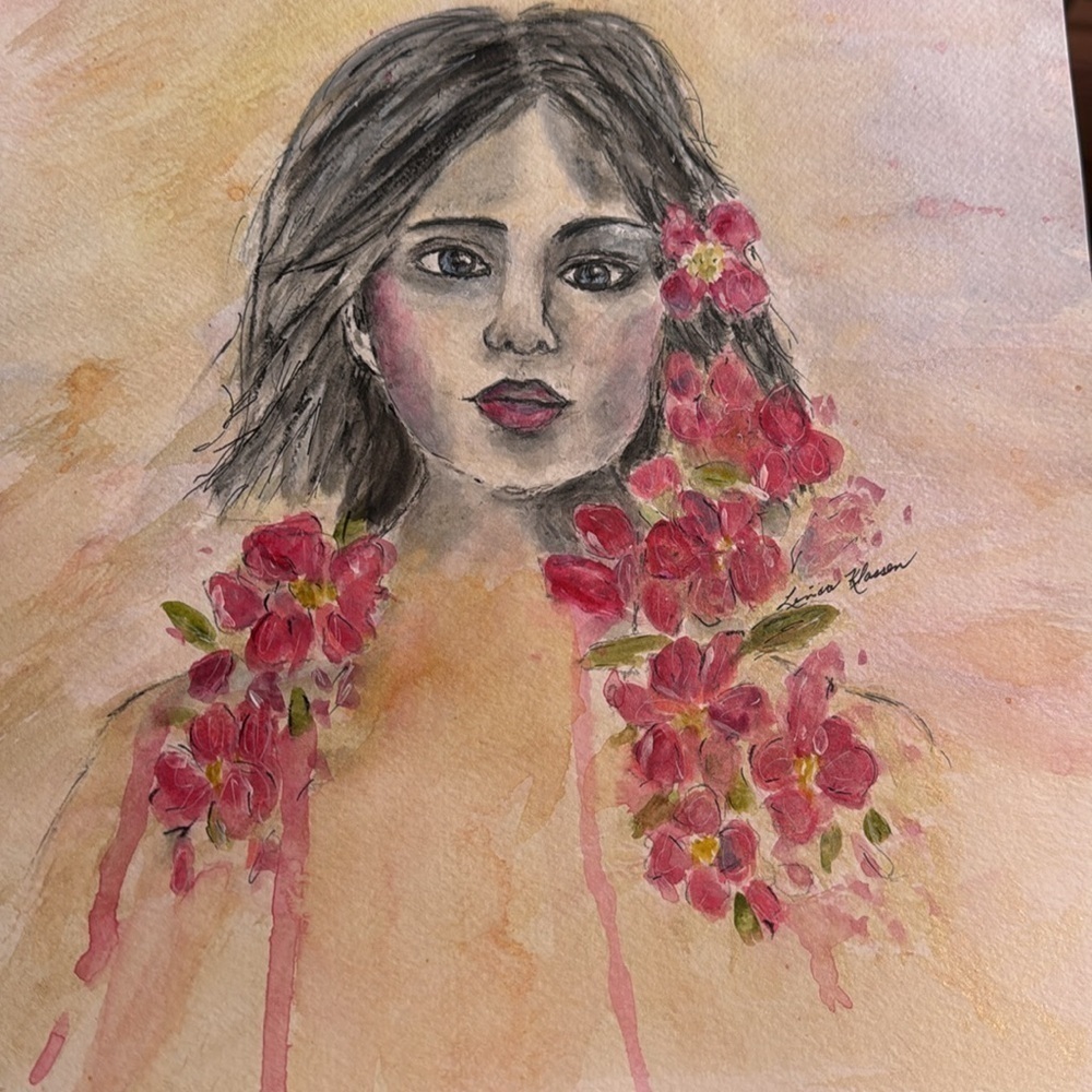 Woman with Flowers Watercolor Pencil Art HD4829